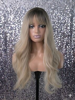 Blonde Ombre Long Wavy Wig with Bangs